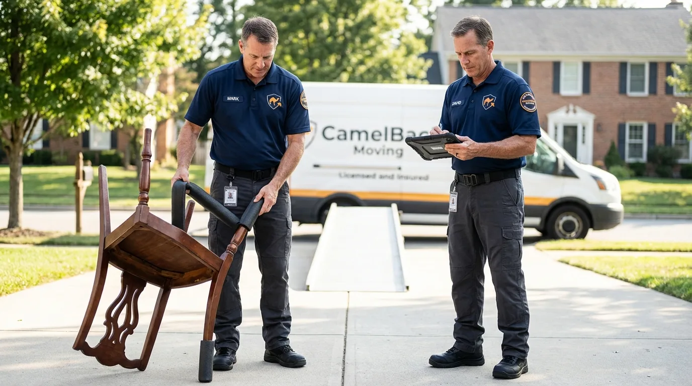 Movers inspecting furniture for damage prevention before loading in Sycamore, IL